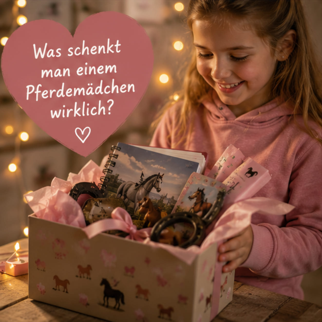 Glückliches Pferdemädchen freut sich über ein liebevoll ausgesuchtes Pferdegeschenk.