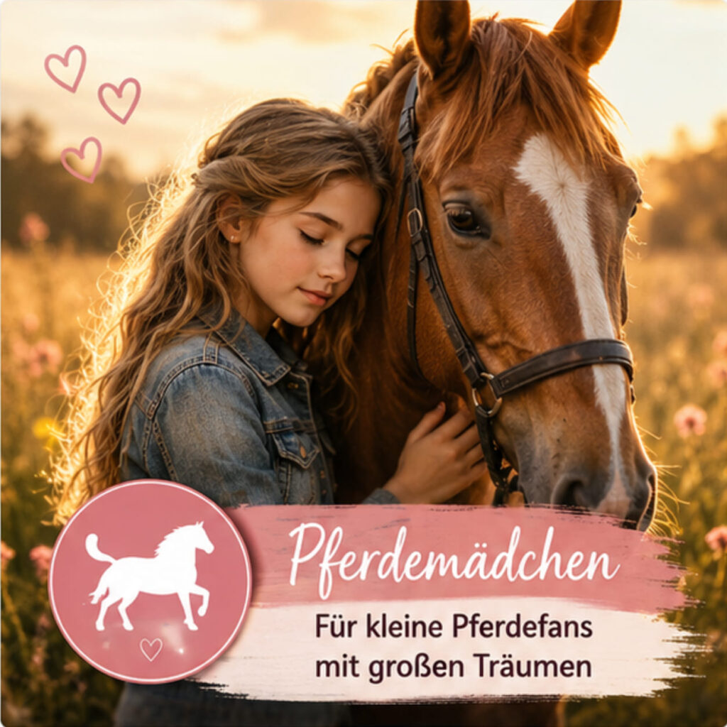 Pferdemädchen umarmt ihr Pferd bei Sonnenuntergang