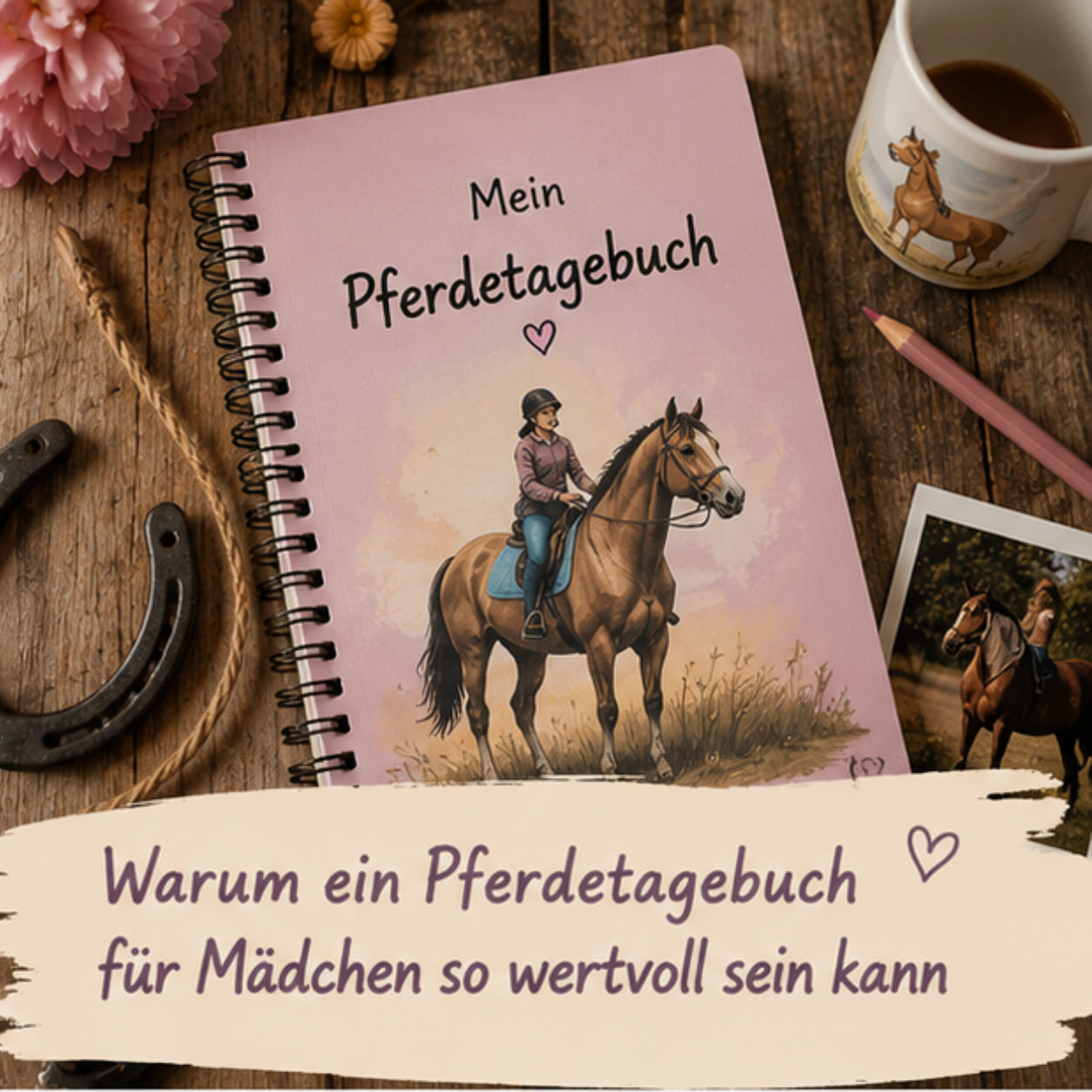 Pferdetagebuch für Mädchen mit Erinnerungen an Reitstunden und besondere Erlebnisse.