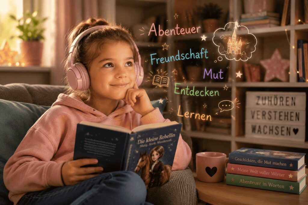 Kind hört aufmerksam ein Hörbuch und erweitert dabei spielerisch seinen Wortschatz und sein Sprachverständnis.