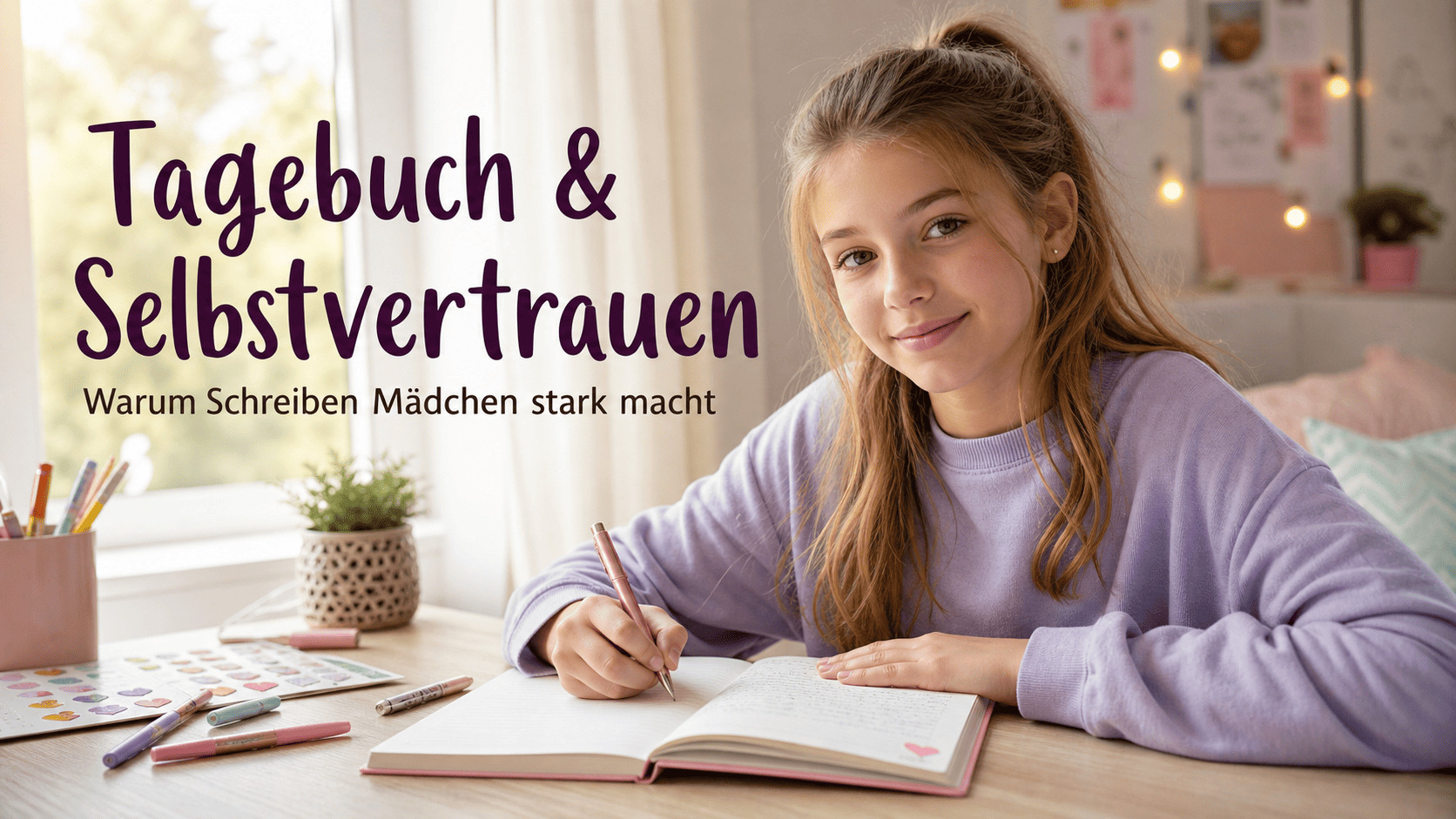 Tagebuch Selbstvertrauen Mädchen – Mädchen schreibt selbstbewusst in ihr Tagebuch