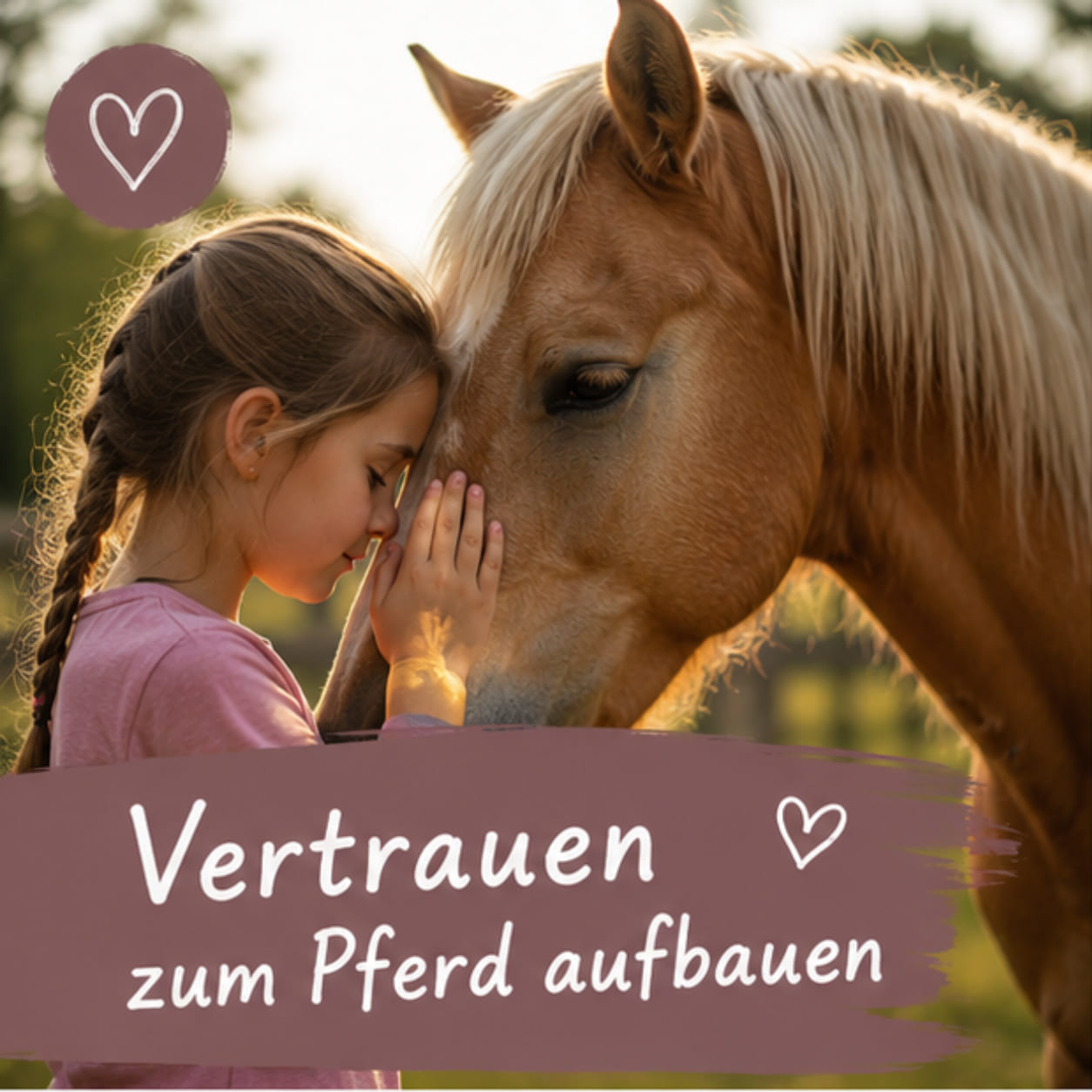 Mädchen baut auf einer Pferdeweide behutsam Vertrauen zu einem ruhigen Pferd auf.