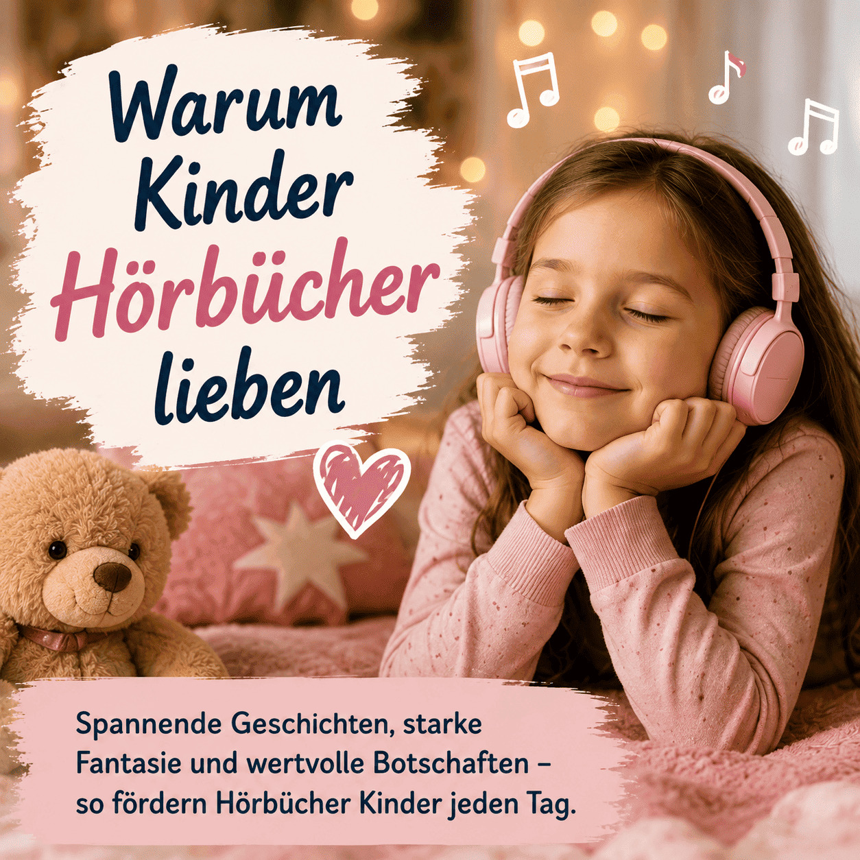 Kind hört begeistert ein Hörbuch und taucht in fantasievolle Geschichten ein