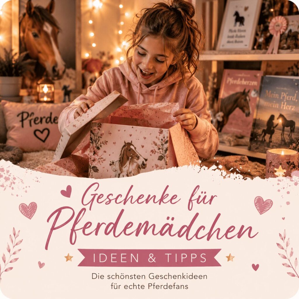 Glückliches Pferdemädchen öffnet ein Geschenk mit Pferdemotiv