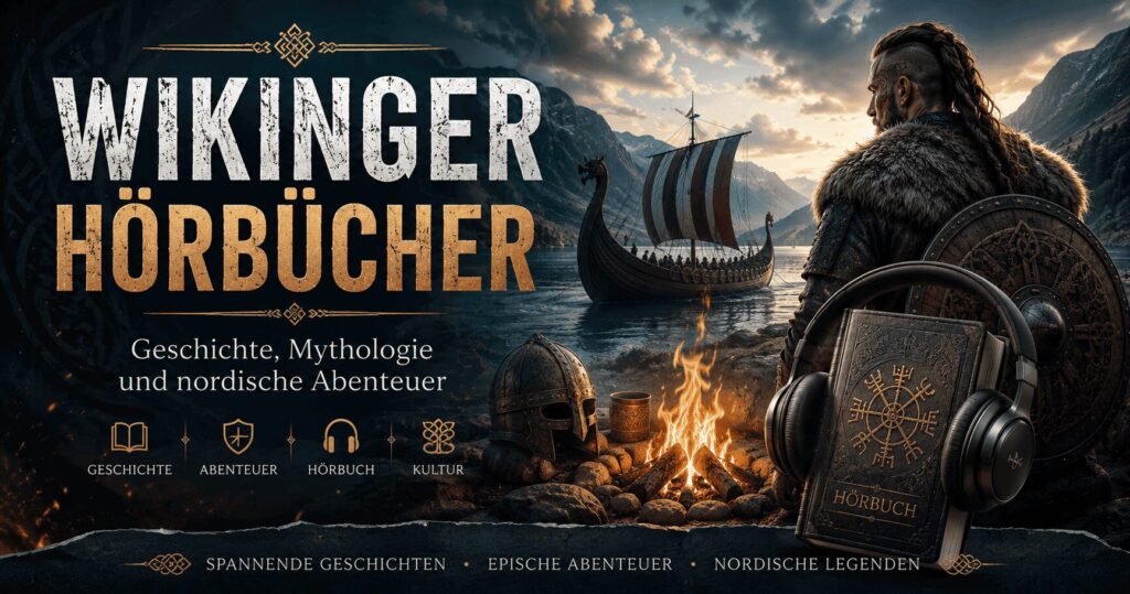Wikinger Hörbücher mit Wikingerkrieger, Langschiff, Lagerfeuer und nordischer Mythologie für spannende Hörerlebnisse