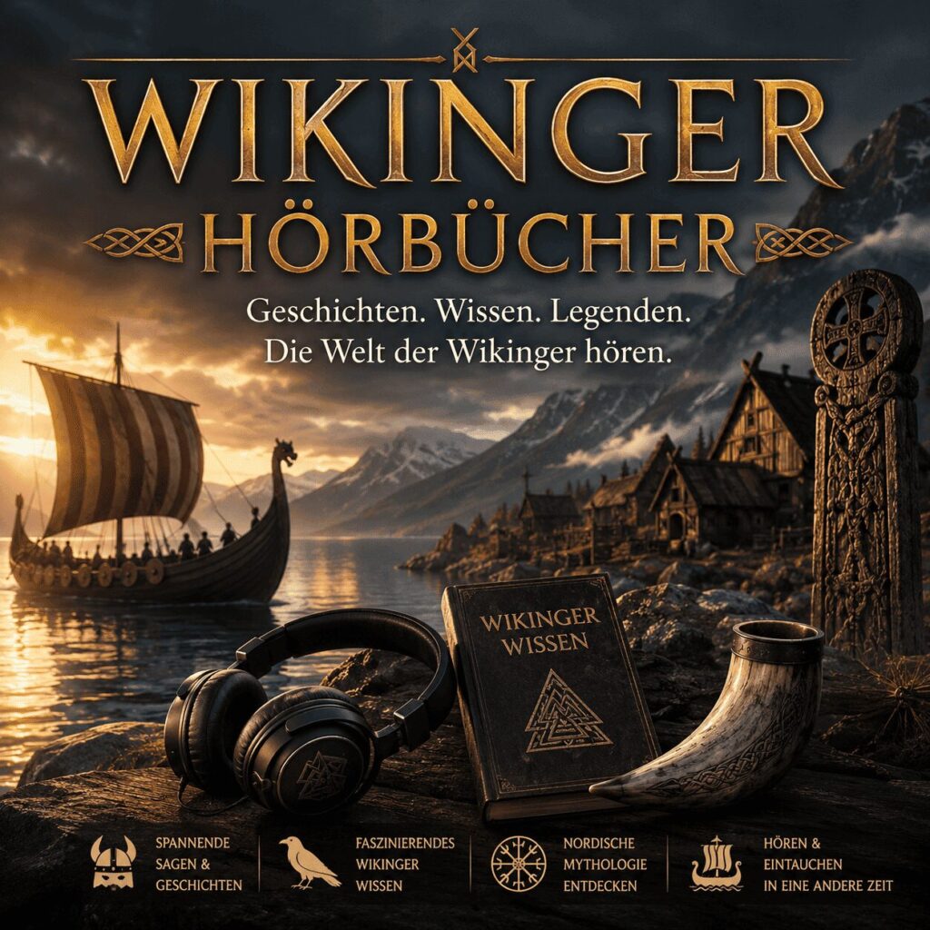 Wikinger Hörbücher mit Langschiff, Wikingerdorf, Runenstein, Hörbuch-Kopfhörern und nordischer Fjordlandschaft