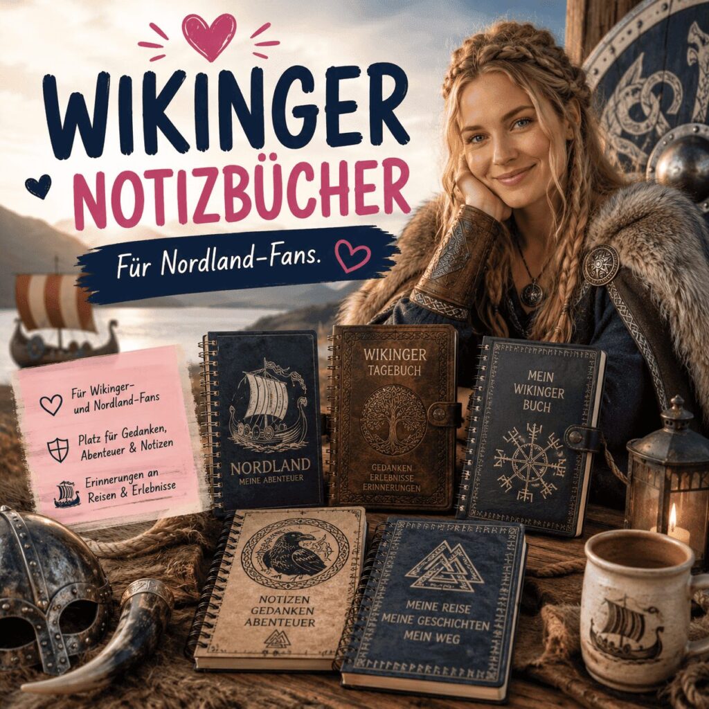 Wikinger Notizbücher mit nordischen Motiven, Wikingerfrau und Runen für Fans von Mythologie und Abenteuer
