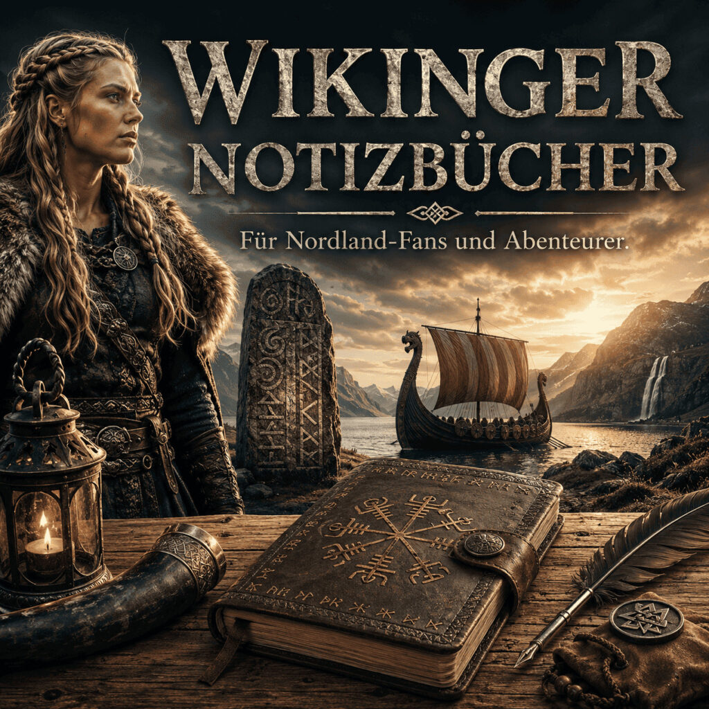 Wikinger Notizbücher mit Wikingerfrau, Runenstein, Langschiff und nordischem Notizbuch vor einer Fjordlandschaft
