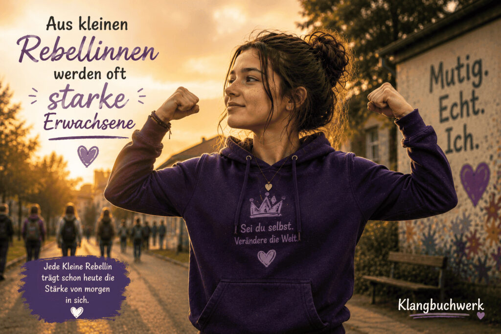 Luna zeigt selbstbewusst ihre Stärke und lächelt stolz. Das Bild verdeutlicht, dass rebellische Mädchen mit Mut, Selbstvertrauen und Empathie zu starken Erwachsenen heranwachsen können.