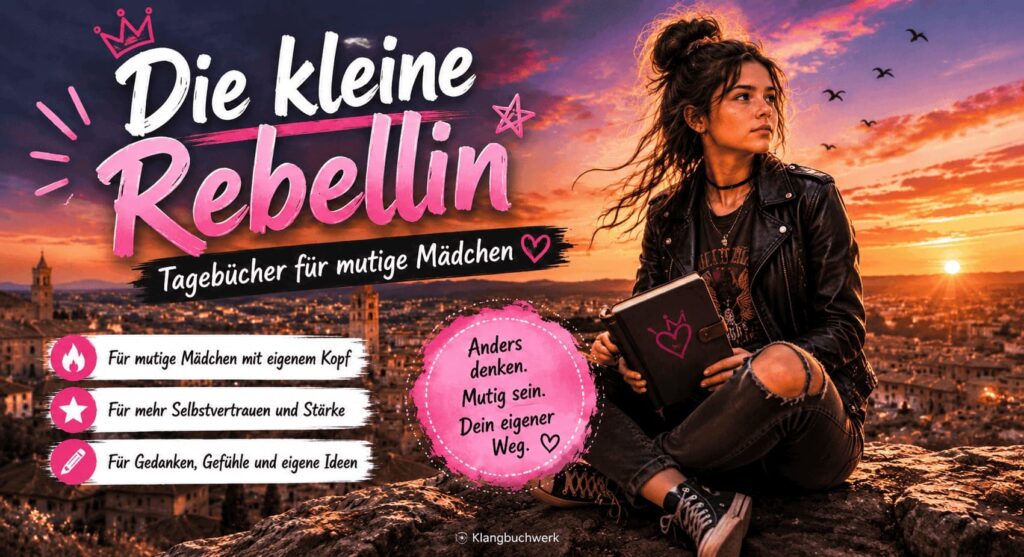 Mutiges Mädchen mit Tagebuch geht ihren eigenen Weg und blickt selbstbewusst in die Zukunft