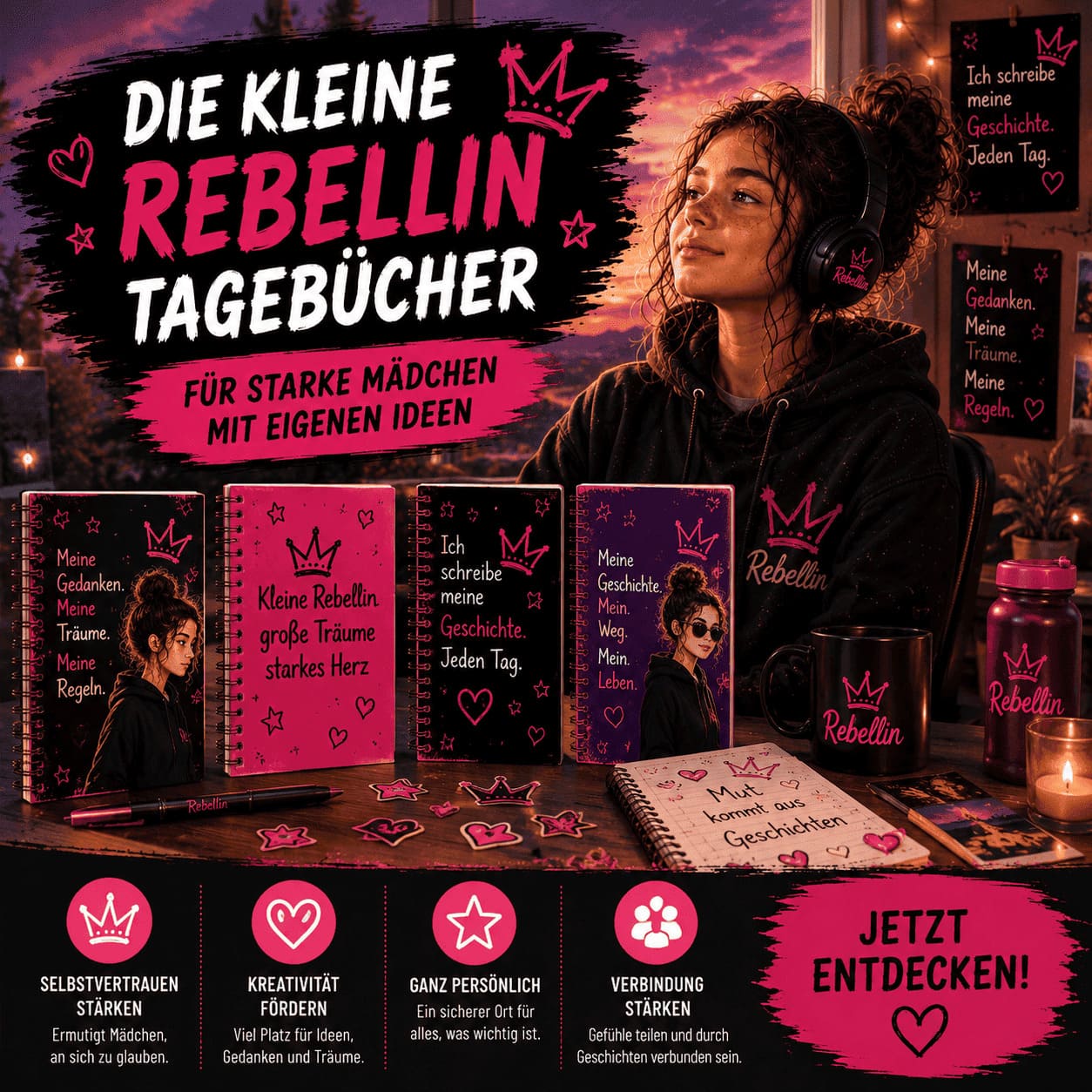 Luna präsentiert die Tagebuchreihe „Die kleine Rebellin“ und lädt Mädchen zum Schreiben, Träumen und Kreativsein ein.