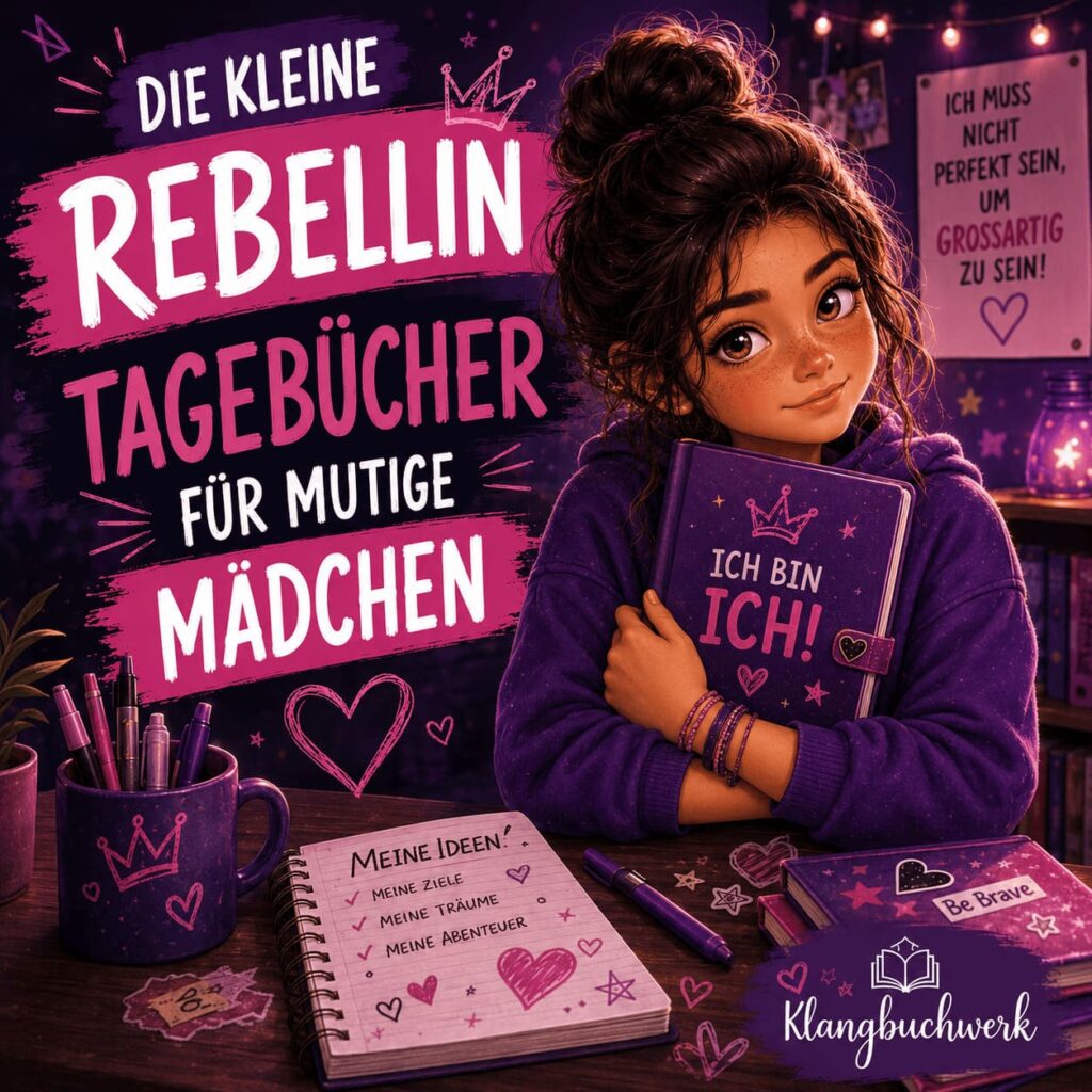 Mädchen hält stolz ihr Tagebuch in den Händen. Die kleine Rebellin Tagebücher fördern Mut, Selbstvertrauen und Kreativität.