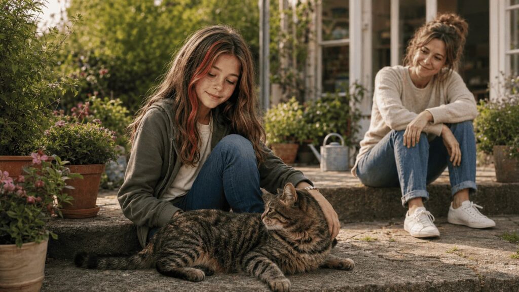 Katzen Mädchen trösten: Lea sitzt mit ihrer Katze im Garten, während ihre Mutter ihr liebevoll Raum und Zeit gibt.