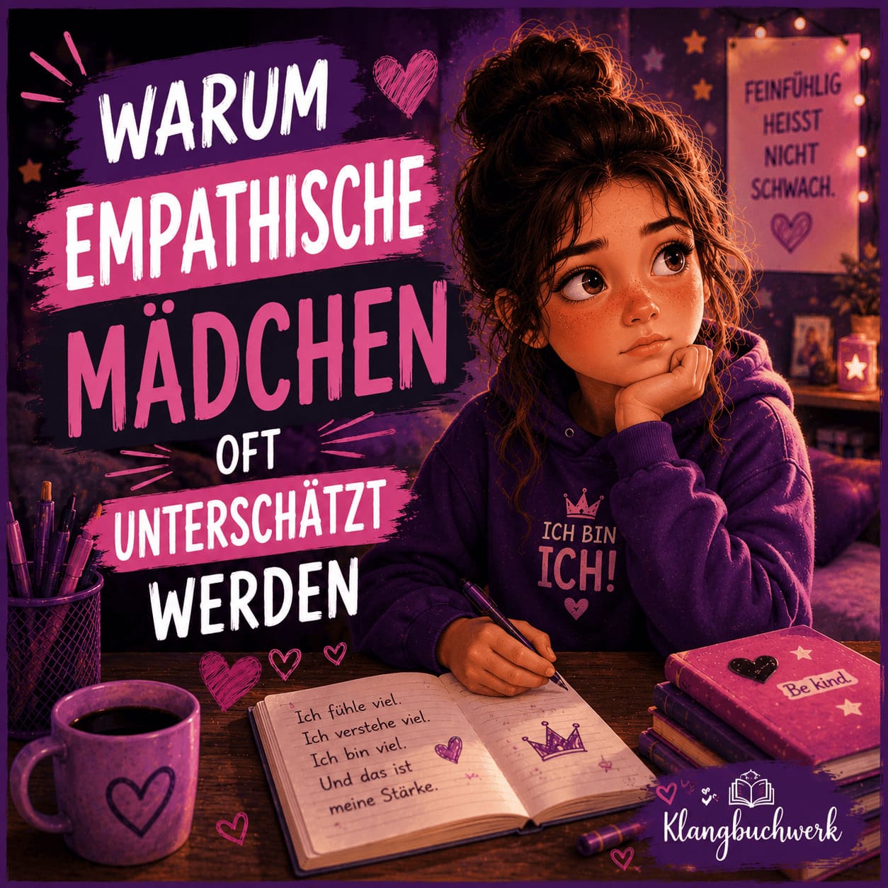 Empathisches Mädchen schreibt nachdenklich in ihr Tagebuch und zeigt, dass Mitgefühl und Feinfühligkeit besondere Stärken sind.
