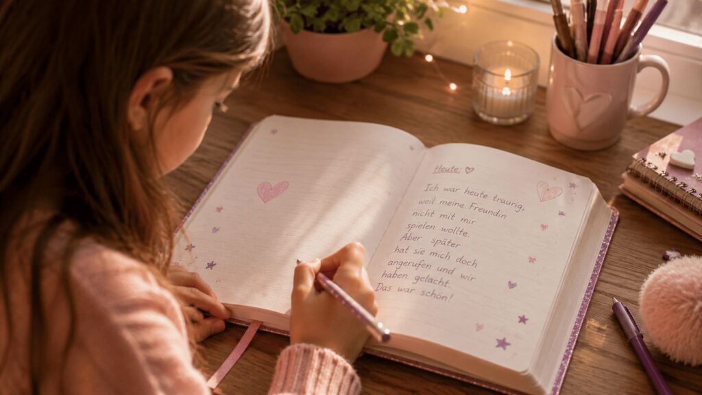 Tagebuch schreiben hilft einem Mädchen, Gefühle auszudrücken und Erlebnisse in ihrem Tagebuch zu verarbeiten.