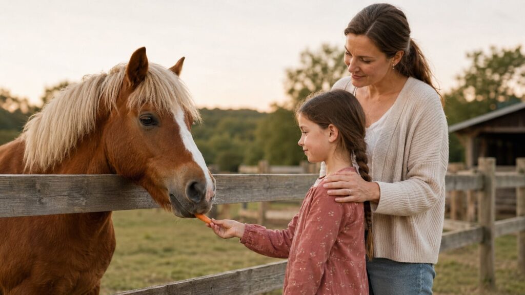Mädchen füttert mit ihrer Mutter ein Pony und erlebt einen besonderen Moment.