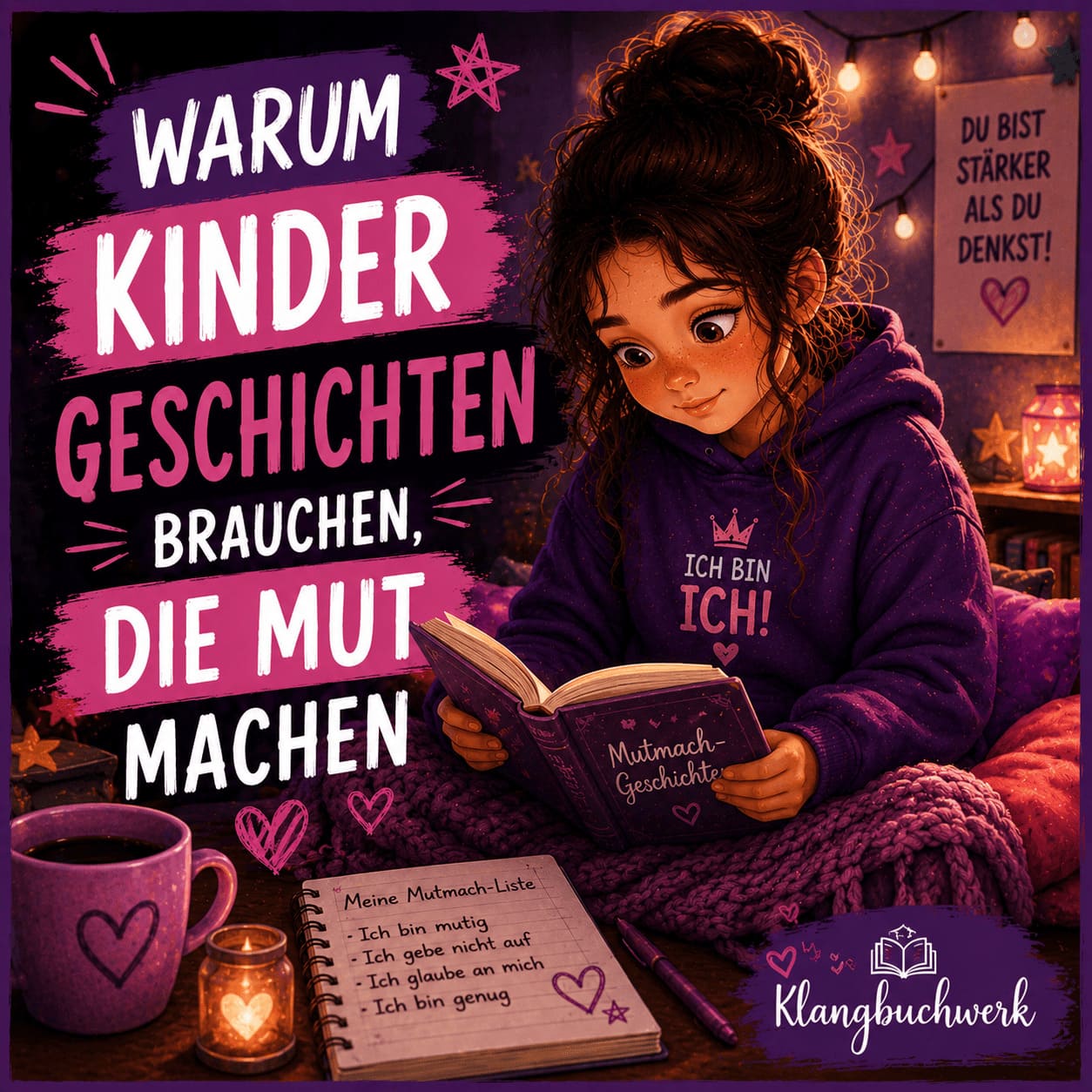 Mädchen liest eine Mutmachgeschichte und entdeckt, wie Geschichten Selbstvertrauen, Hoffnung und Fantasie fördern können.