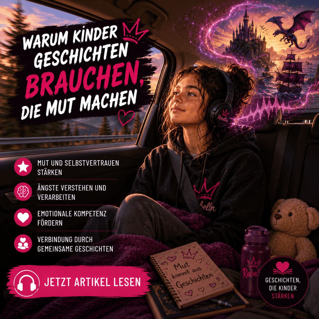 Luna hört während einer Autofahrt ein Kinderhörbuch und taucht in eine fantasievolle Geschichte voller Mut und Abenteuer ein.
