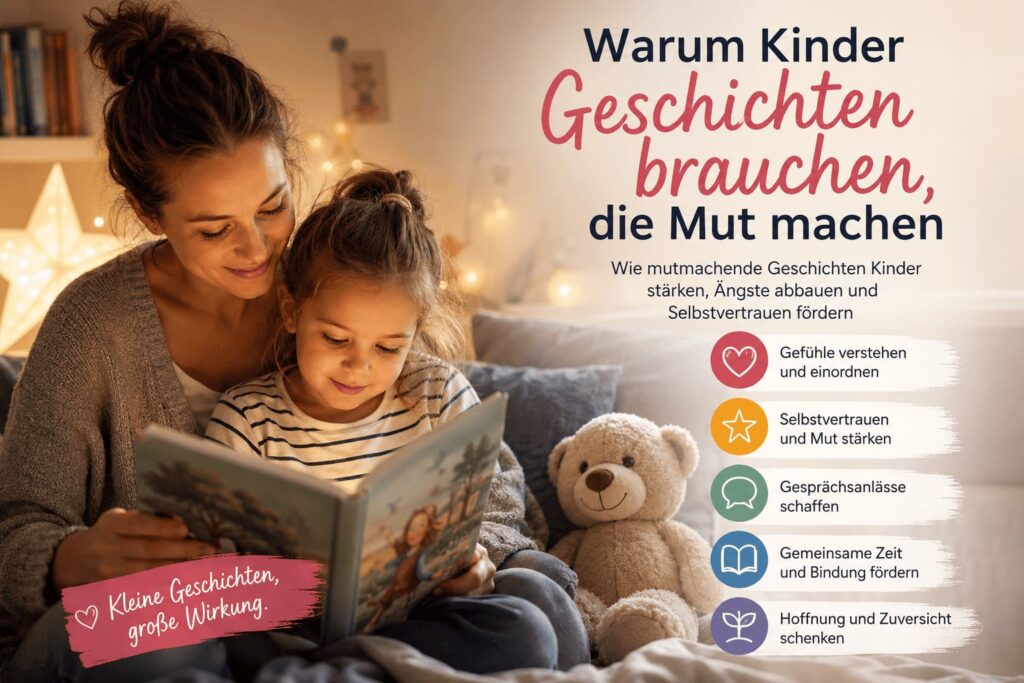 Mutter liest ihrem Kind eine mutmachende Geschichte vor und stärkt Selbstvertrauen und Geborgenheit.