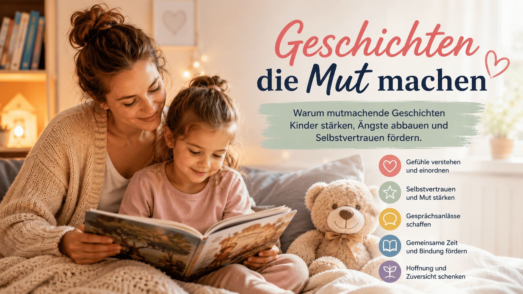 Mutter und Kind lesen gemeinsam ein Kinderbuch, das Mut und Selbstvertrauen vermittelt.