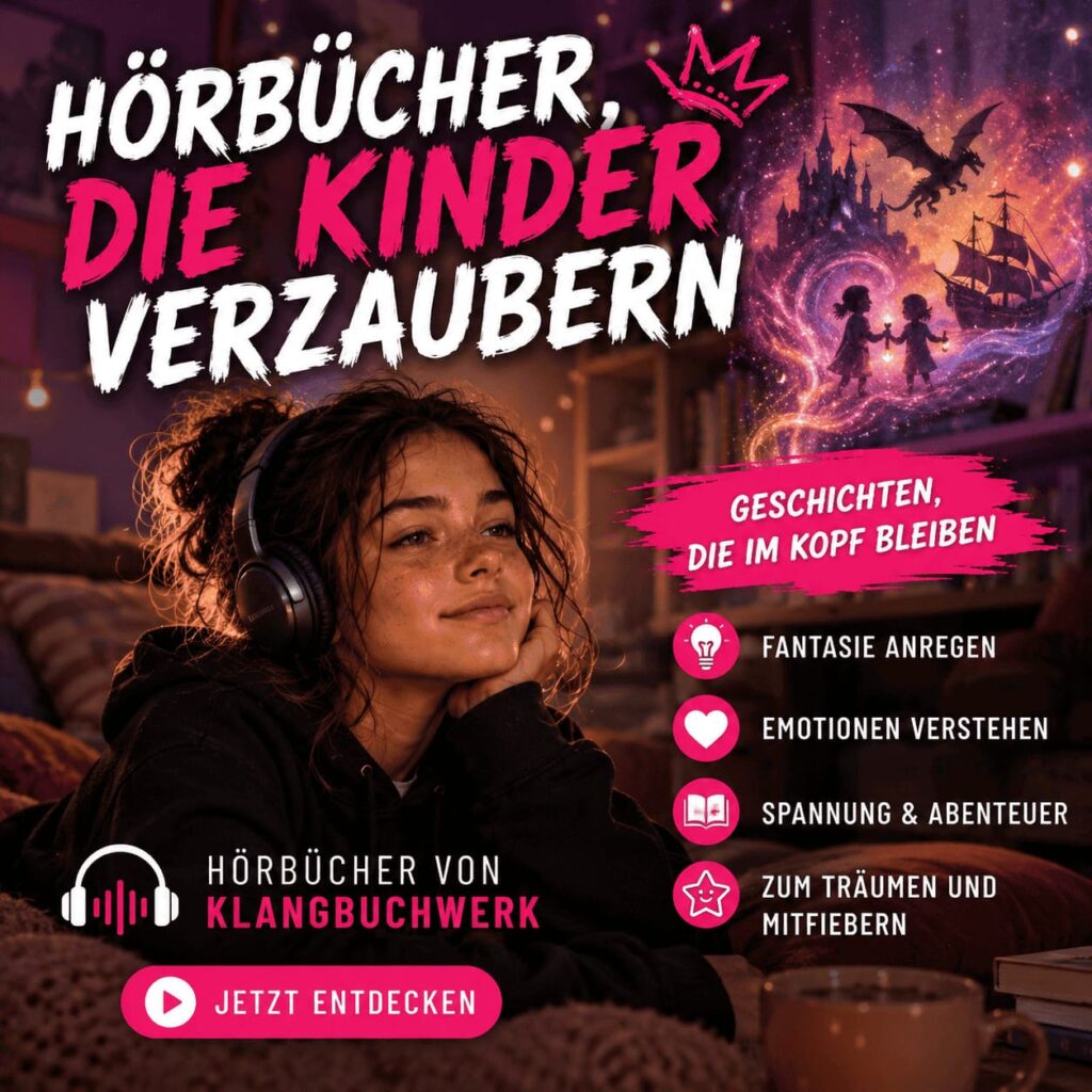 Luna hört mit Kopfhörern ein Kinderhörbuch und taucht in eine fantasievolle Abenteuerwelt ein.