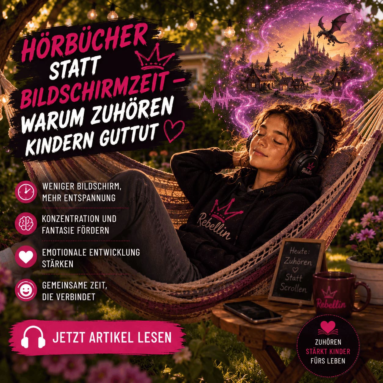 Luna entspannt mit Kopfhörern in einer Hängematte und hört ein Kinderhörbuch statt auf einen Bildschirm zu schauen.