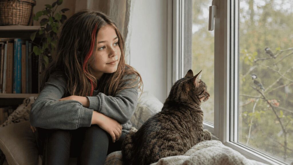 Lea beobachtet ruhig die Körpersprache ihrer Katze.