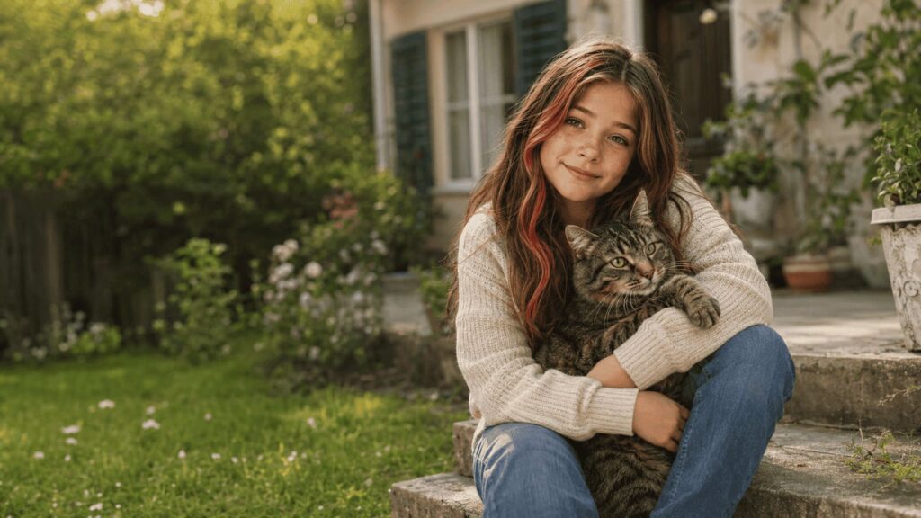 Lea sitzt mit ihrer Katze im Garten und wirkt ruhig und selbstbewusst.