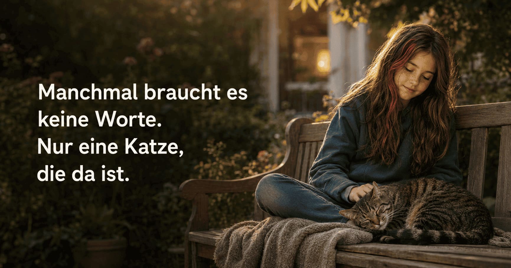 Lea sitzt mit ihrer Katze auf einer Gartenbank und findet Trost in ihrer ruhigen Nähe.