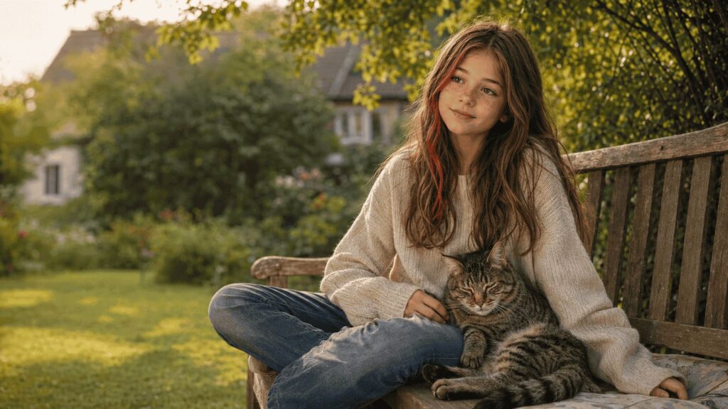 Katzen Mädchen trösten: Lea kuschelt mit ihrer Katze auf dem Sofa und findet Geborgenheit und Ruhe.