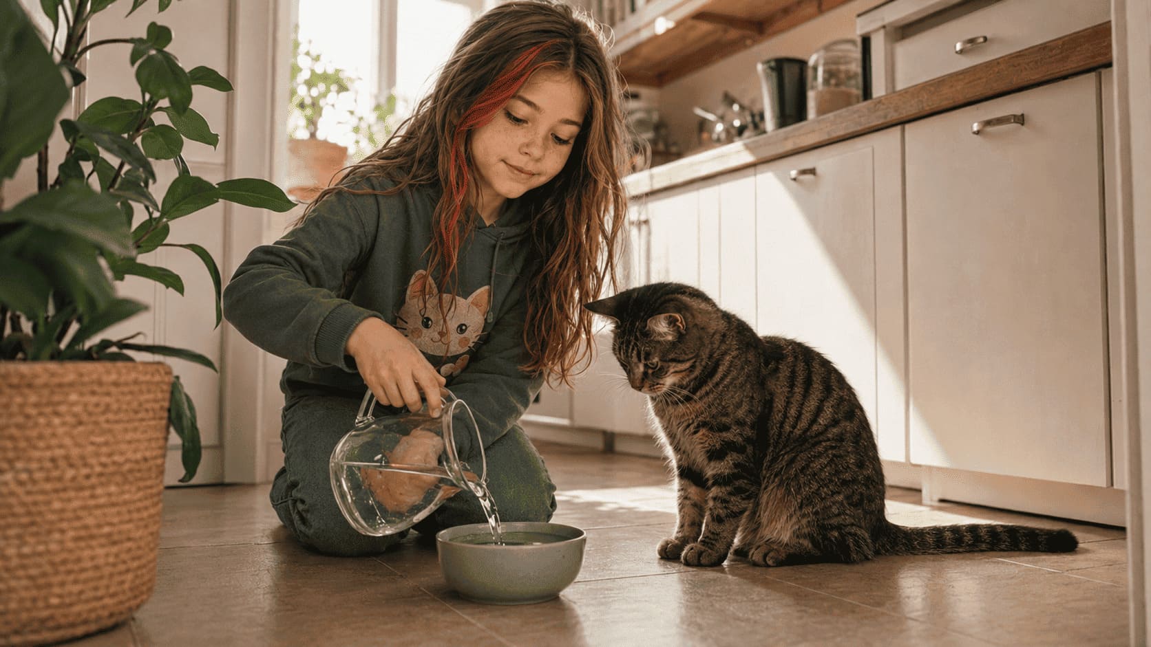 Lea füllt ihrer Katze aufmerksam frisches Wasser nach.