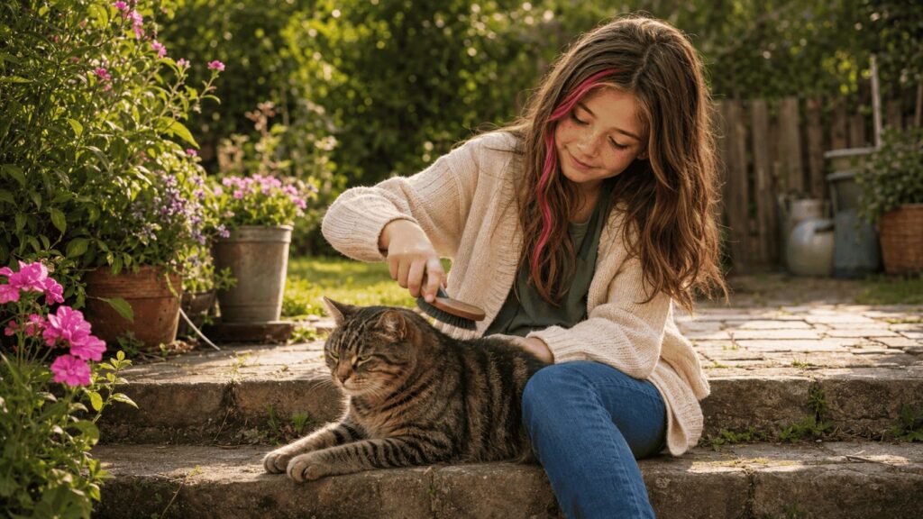 Lea das Katzen Mädchen bürstet ihre Katze vorsichtig im Garten.