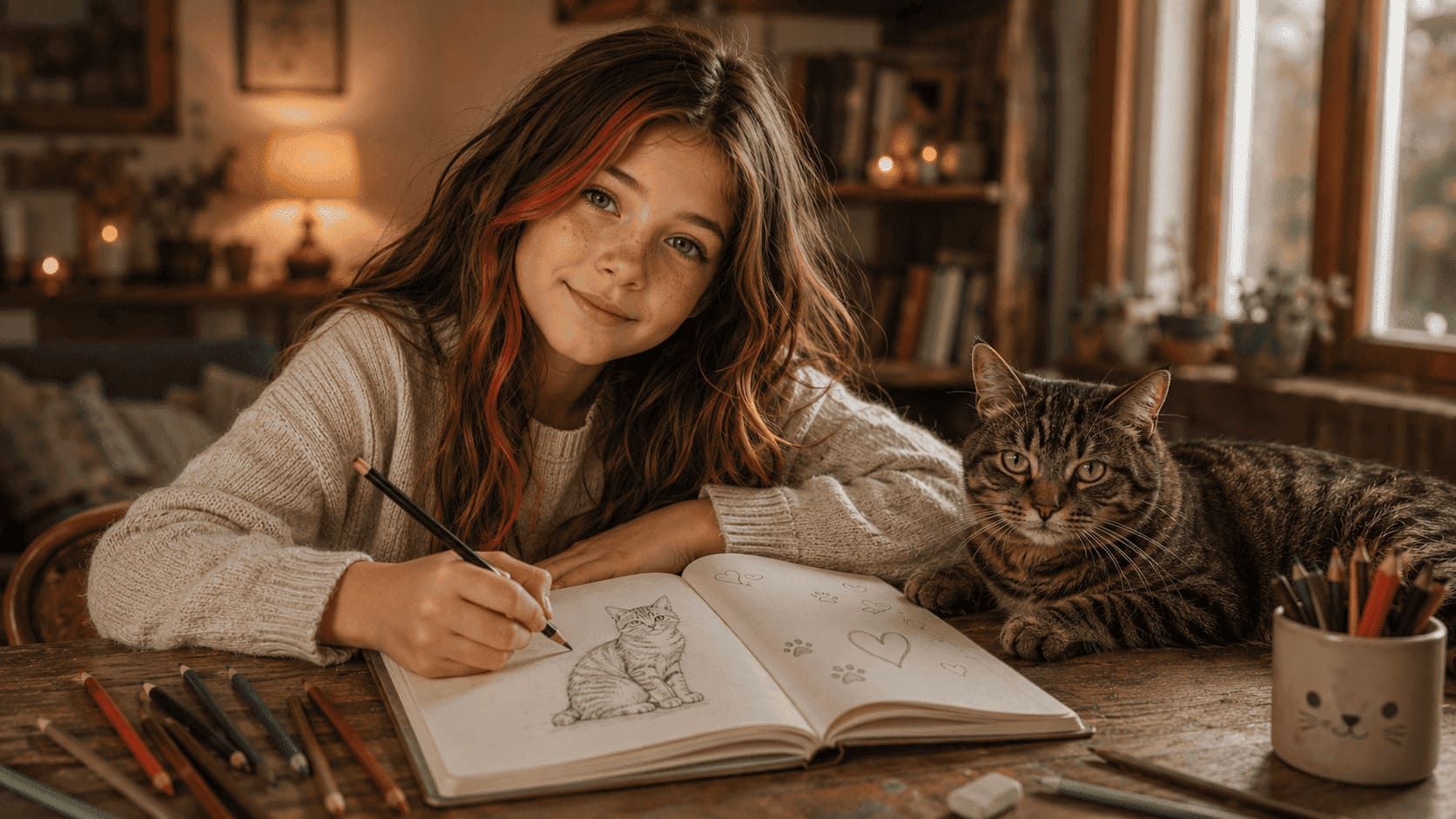 Lea schreibt Gedanken über ihre Katze in ein Tagebuch.