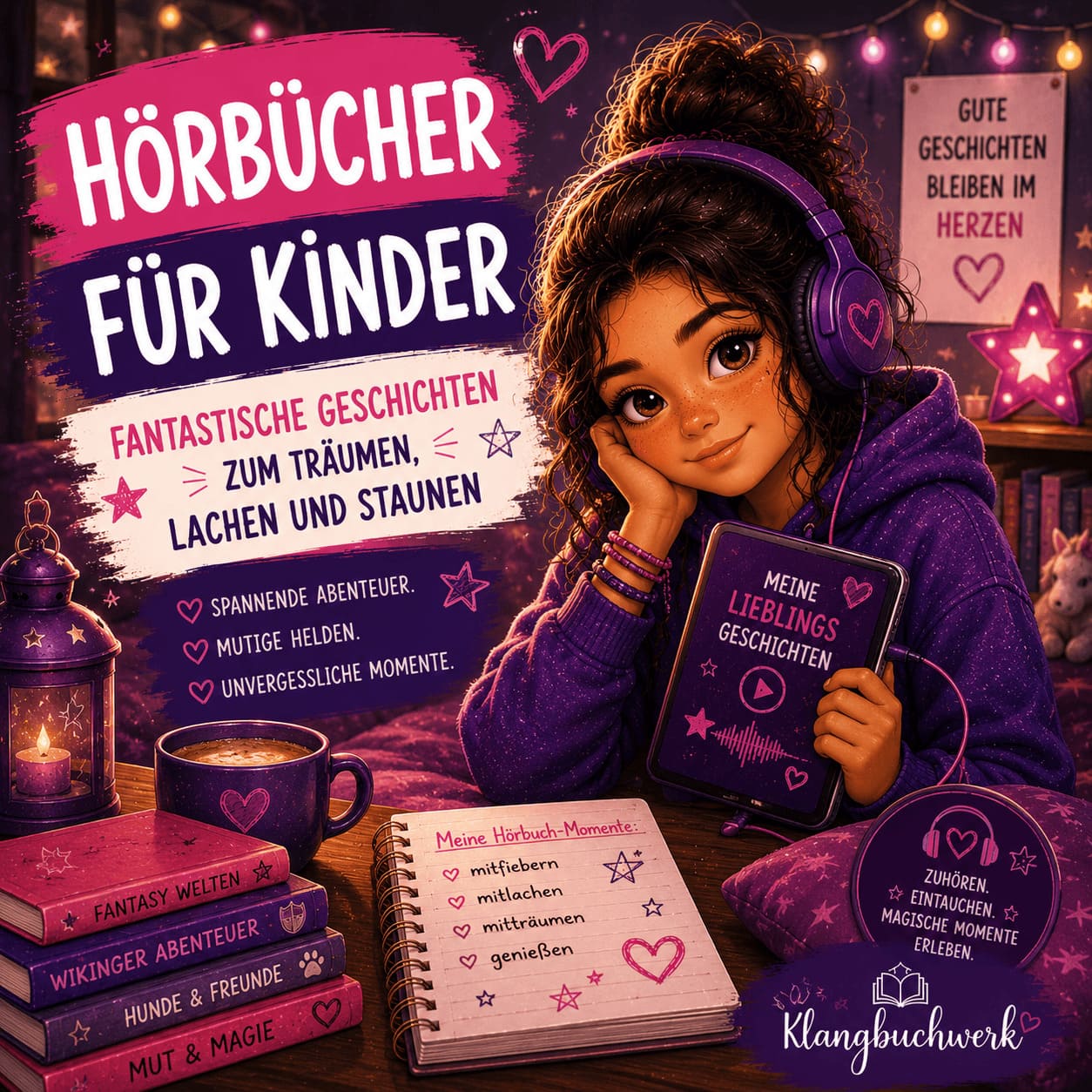 Mädchen hört mit Kopfhörern ein Kinder Hörbuch und taucht in spannende Geschichten voller Fantasie, Abenteuer und Magie ein.