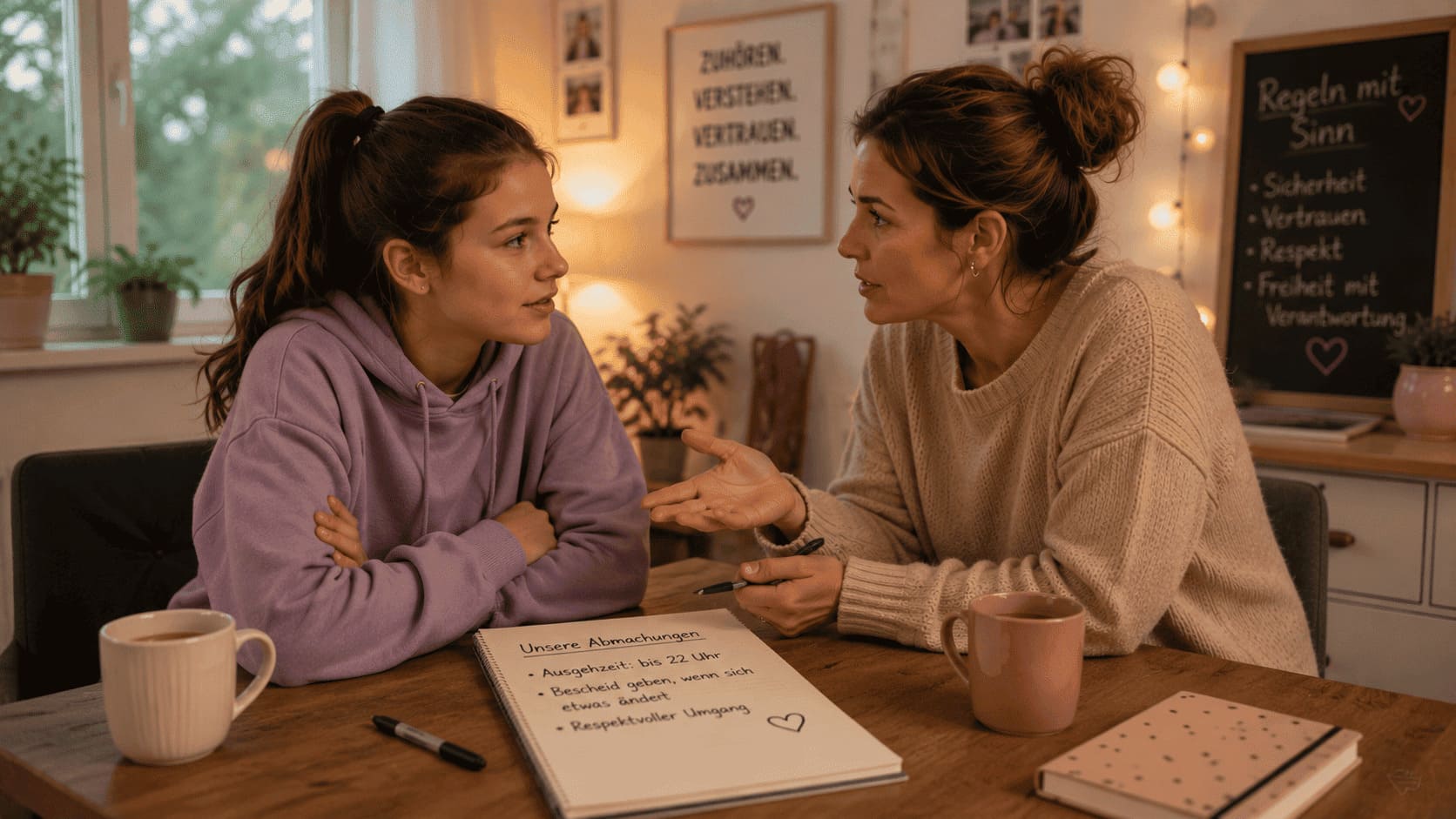 Kommunikation mit Teenagern: Mutter und Teenager-Tochter besprechen gemeinsam Regeln und Absprachen.