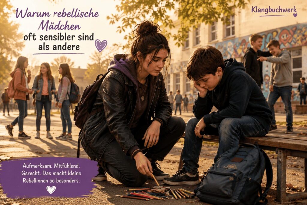 Luna setzt sich auf dem Schulhof zu einem traurigen Mitschüler und hört ihm aufmerksam zu. Das Bild zeigt, warum rebellische Mädchen oft sensibler sind als andere und die Gefühle anderer Menschen besonders gut wahrnehmen.