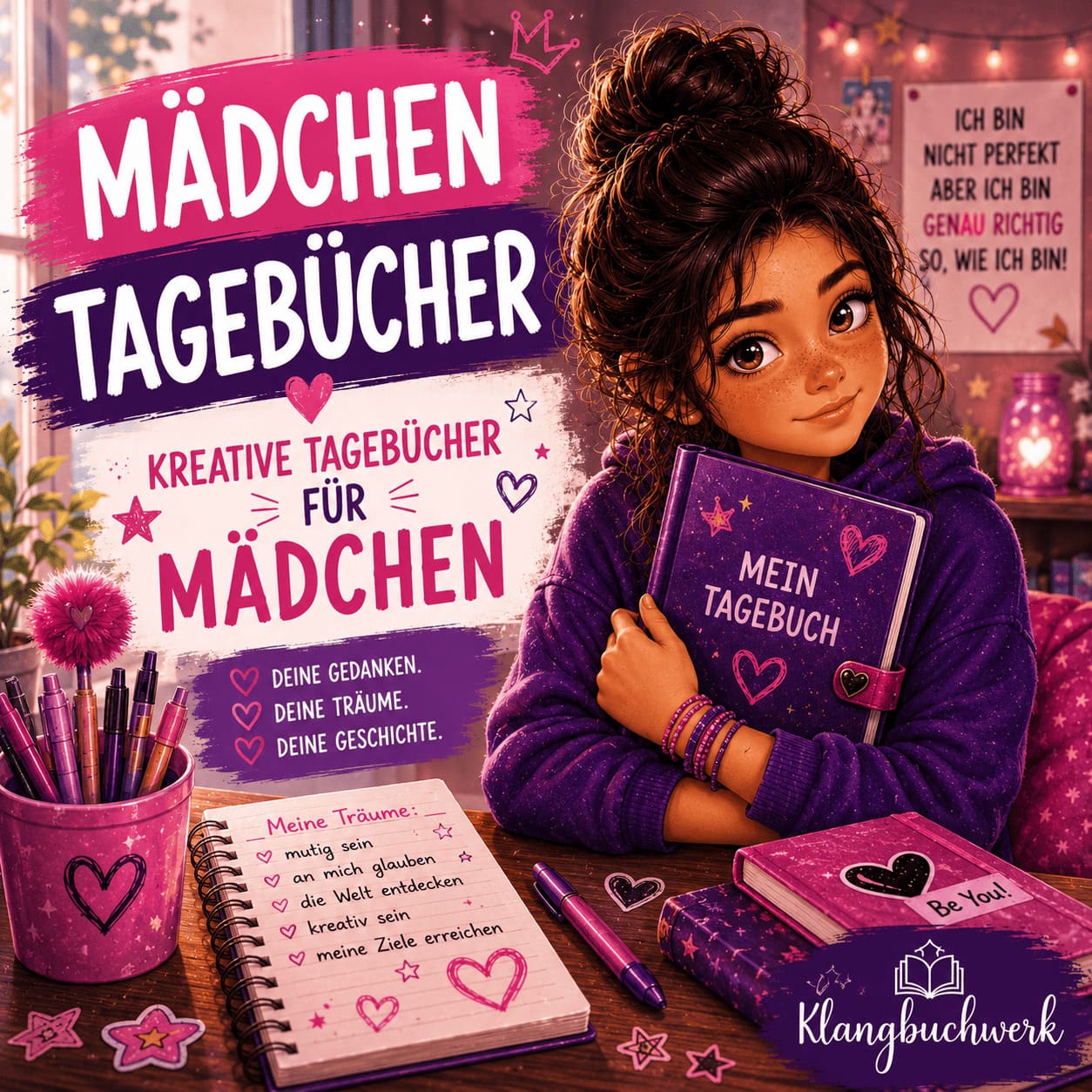Mädchen hält lächelnd ihr Tagebuch im Arm und entdeckt kreative Tagebücher für Mädchen voller Ideen, Träume und Gedanken.