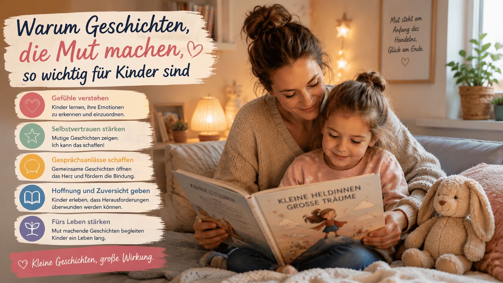 Bei Geschichten die Mut machen hört das Kind aufmerksam einer Geschichte zu und entwickelt Vertrauen in die eigenen Fähigkeiten.