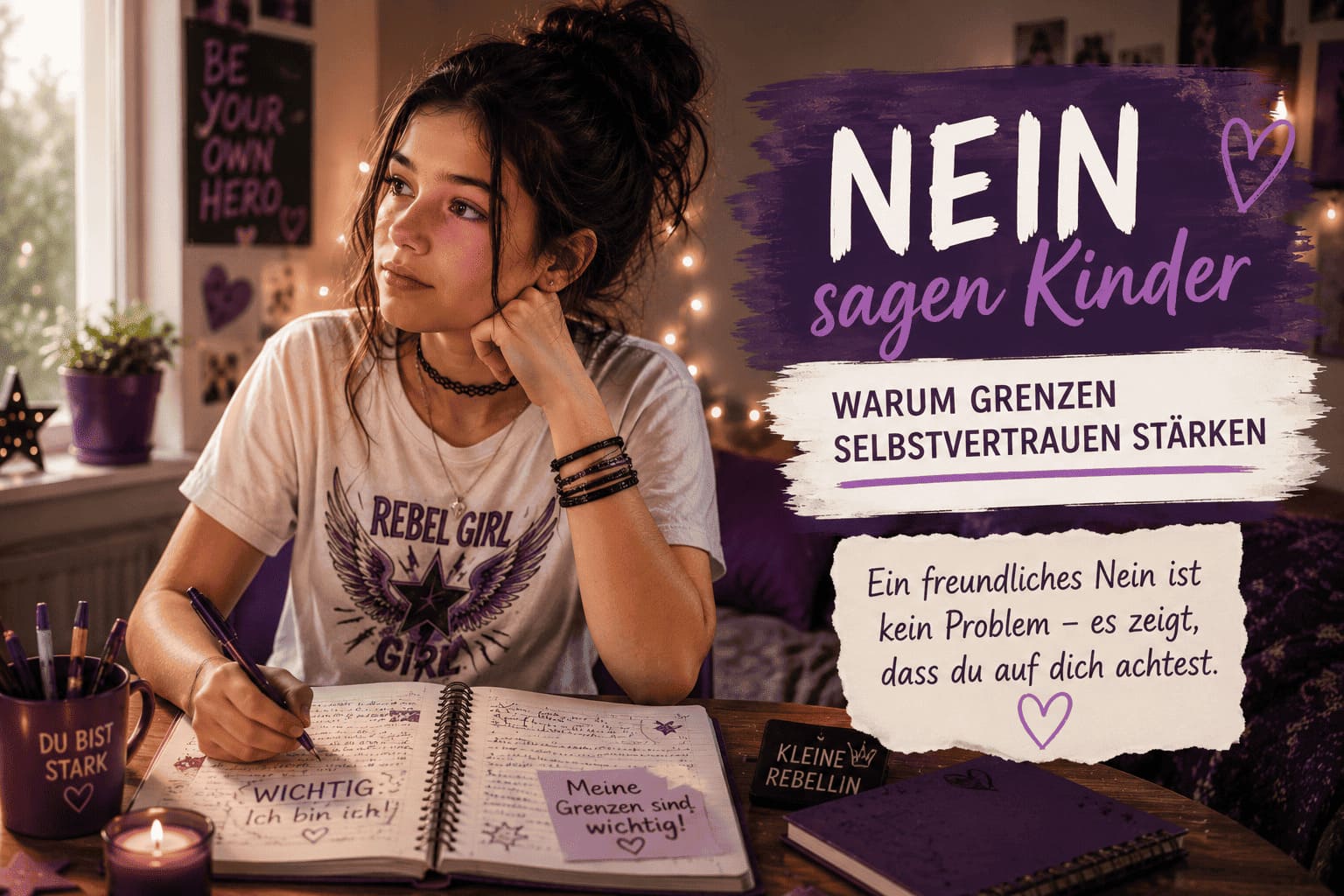 Luna schreibt nachdenklich in ihr Tagebuch und lernt, ihre eigenen Grenzen wahrzunehmen und freundlich Nein zu sagen.