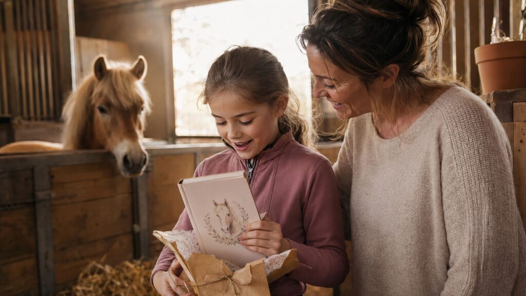 Mädchen freut sich mit ihrer Mutter über ein Pferde-Tagebuch als Geschenk im Ponyhof.