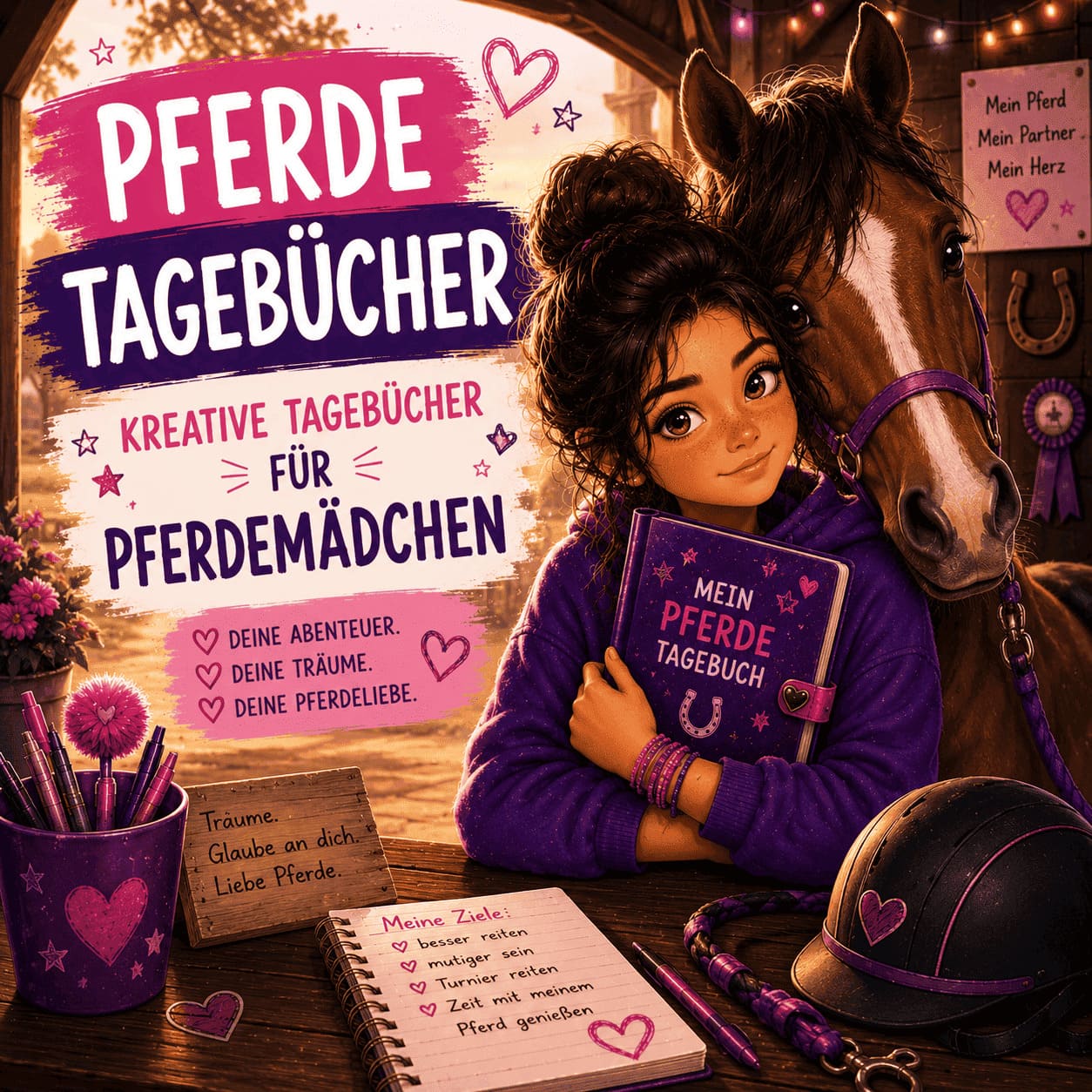 Pferdemädchen hält ihr Pferdetagebuch im Arm und steht gemeinsam mit ihrem Pferd im Stall. Kreative Pferde Tagebücher für Pferdemädchen.