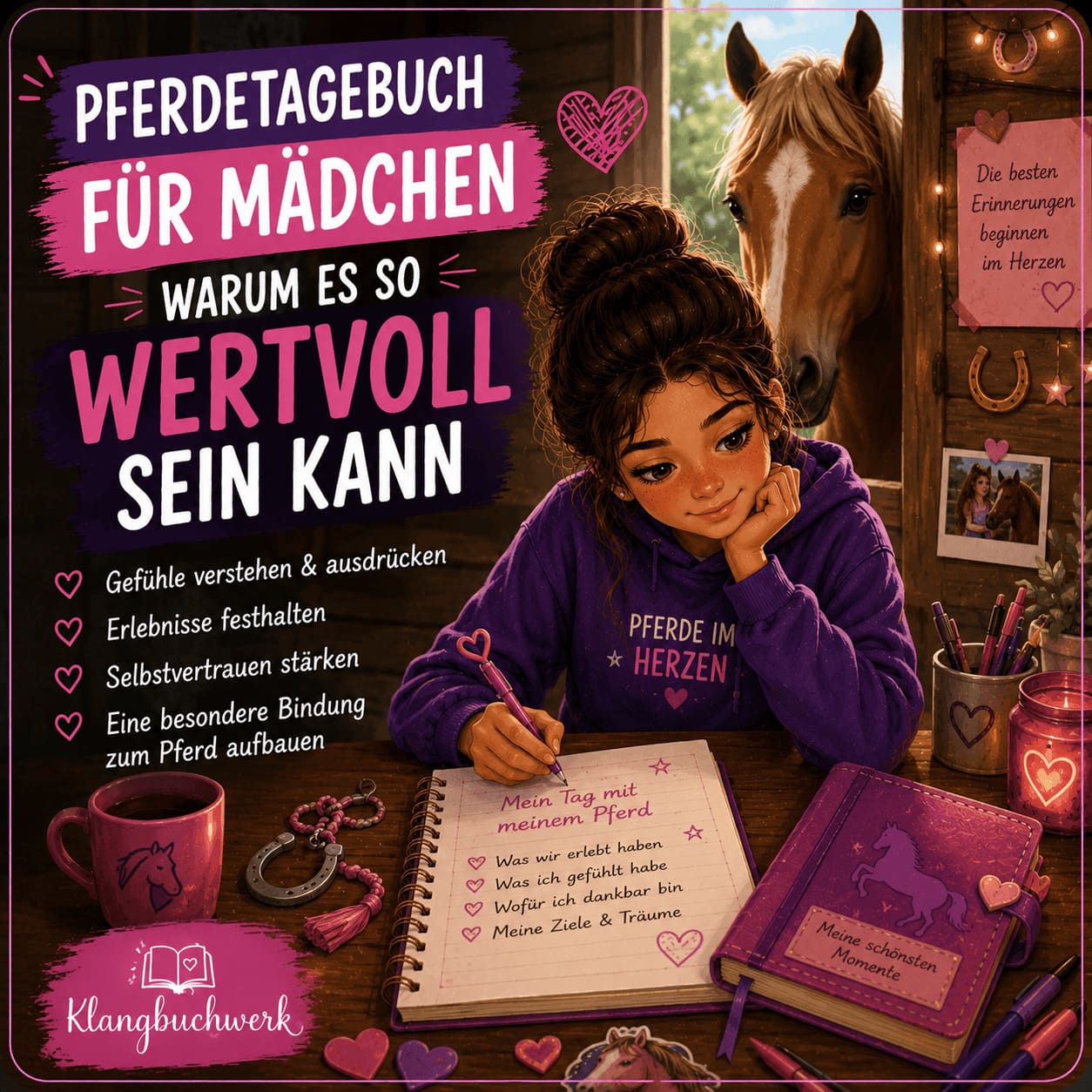 Mädchen schreibt in ihr Pferdetagebuch und hält besondere Erlebnisse mit ihrem Pferd fest.