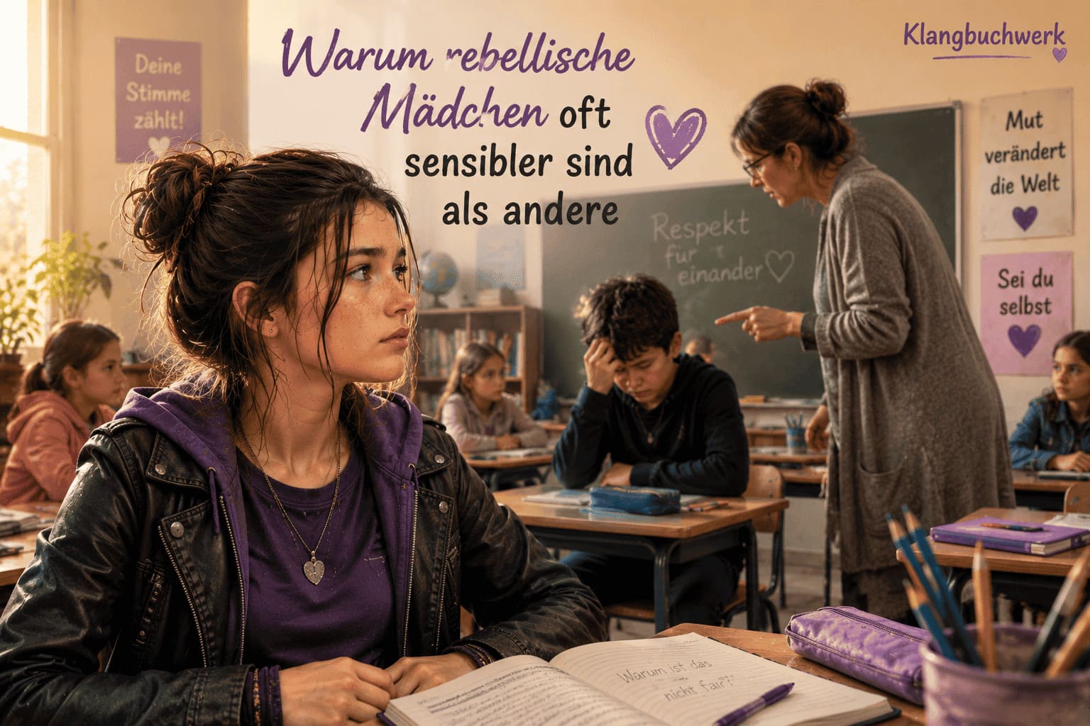 Luna beobachtet aufmerksam eine Situation im Klassenzimmer, während ein Mitschüler von der Lehrerin ermahnt wird. Das Bild zeigt, warum rebellische Mädchen oft sensibler sind und Ungerechtigkeit besonders stark wahrnehmen.