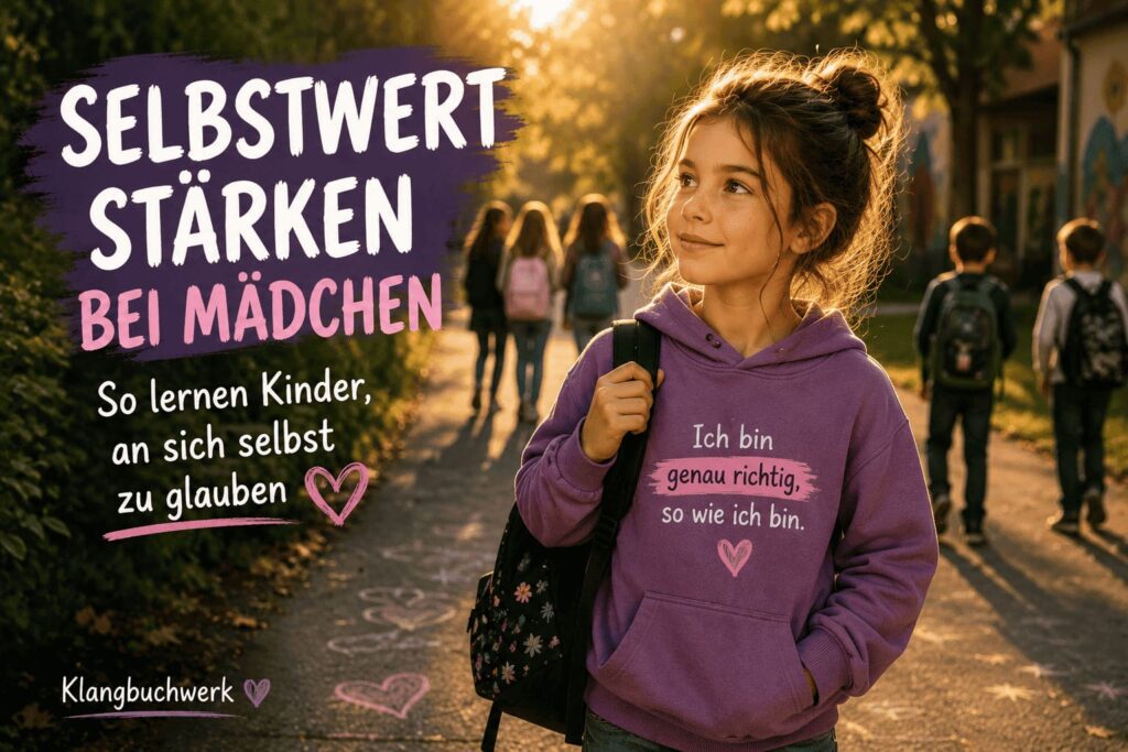 Luna geht selbstbewusst mit ihrem Rucksack über den Schulhof. Das Bild zeigt, wie wichtig es ist, den Selbstwert bei Mädchen zu stärken und an die eigenen Fähigkeiten zu glauben.