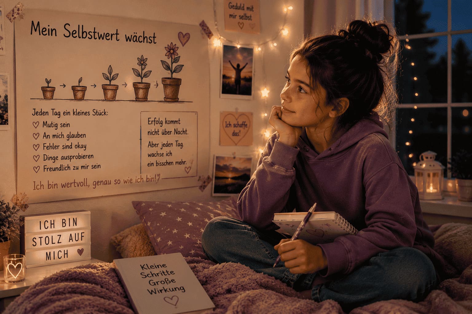 Luna sitzt nachdenklich in ihrem Zimmer und erkennt, dass ein gesundes Selbstwertgefühl Schritt für Schritt wächst. Das Bild zeigt, warum Kinder Zeit brauchen, um ihren eigenen Wert zu entdecken.