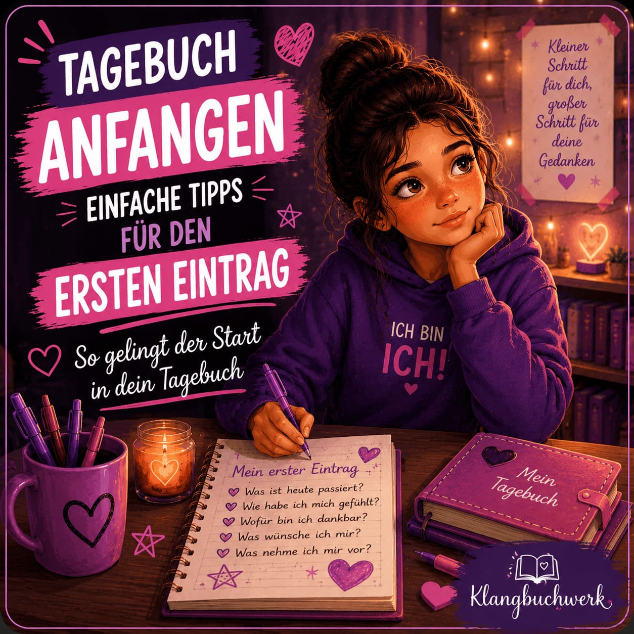 Mädchen beginnt ihren ersten Tagebucheintrag und entdeckt einfache Tipps für den Einstieg ins Tagebuchschreiben.