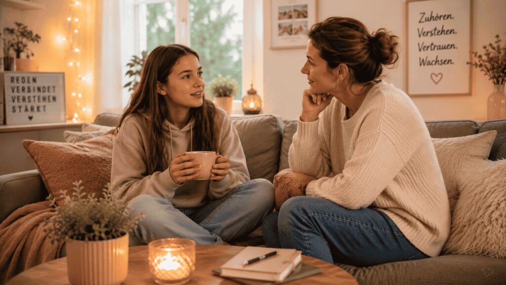 Kommunikation mit Teenagern: Mutter und Teenager-Tochter sprechen vertrauensvoll über Regeln und den Alltag.