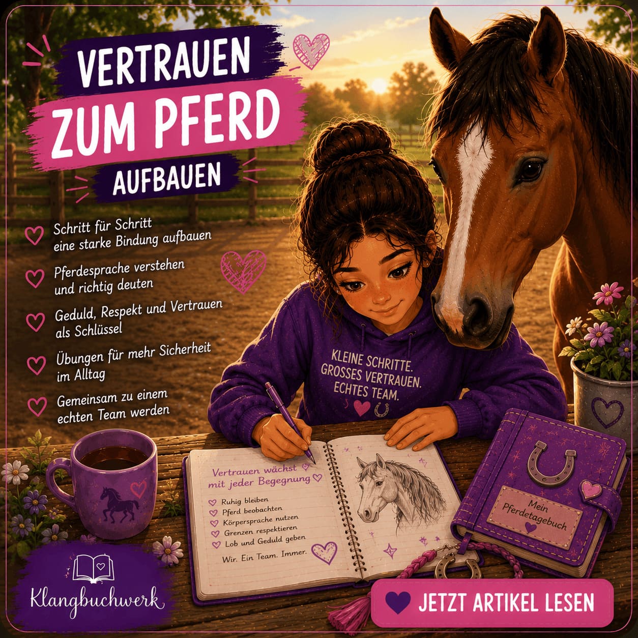 Mädchen baut durch ruhige Begegnungen und gemeinsame Zeit Vertrauen zu ihrem Pferd auf.