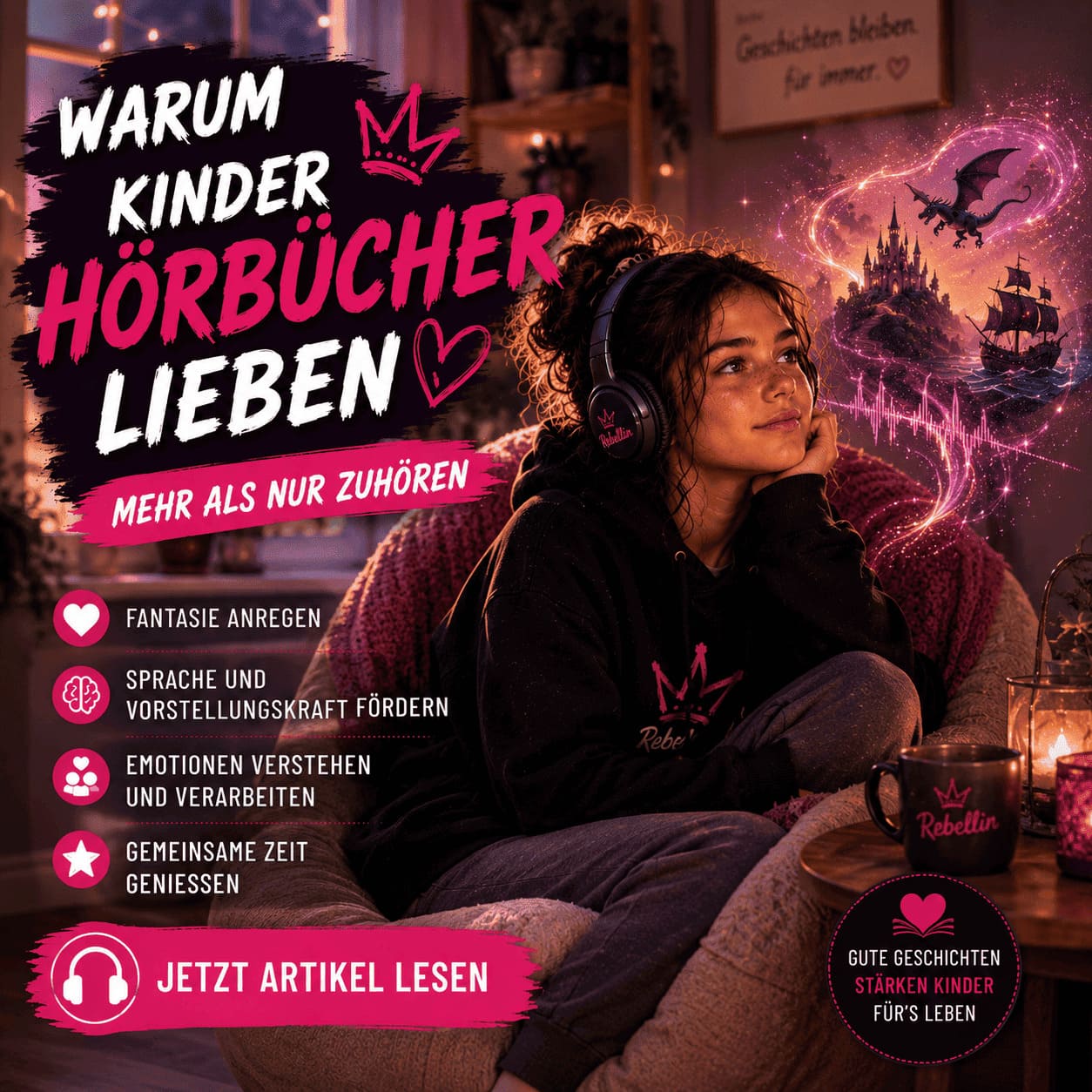 Luna hört ein Kinderhörbuch und taucht mit Fantasie und Kopfhörern in eine magische Geschichtenwelt ein.