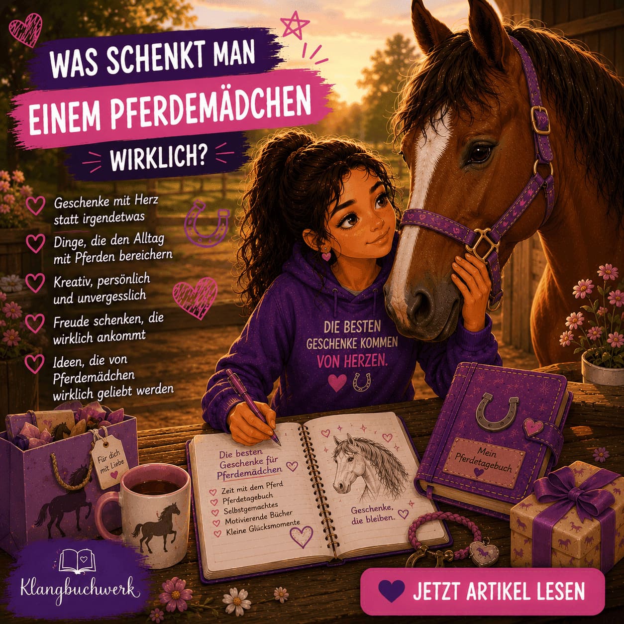 Pferdemädchen freut sich über liebevolle Geschenke und verbringt Zeit mit ihrem Pferd.